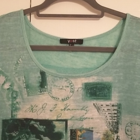 Yest Mint Green Stamps Printed Chiffon Knit Blouse - Picture 7 of 14